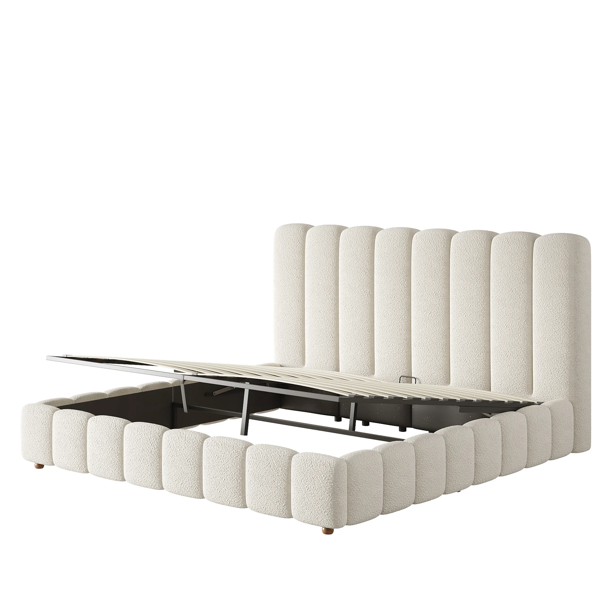 WUVRIE Gestoffeerd tweepersoonsbed 160x200 cm met hydraulische opbergruimte en lattenbodem, wit bouclé