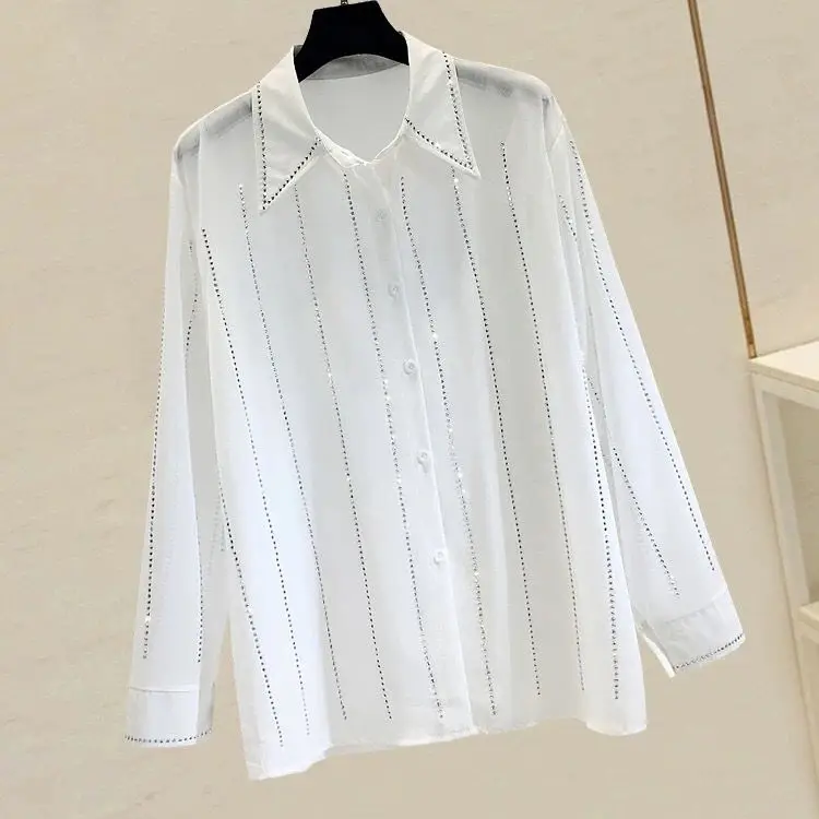 Diamond Striped Chiffon Blouse Women Spring Summer Fashion Loose Long-Sleeved Shirt Top q306