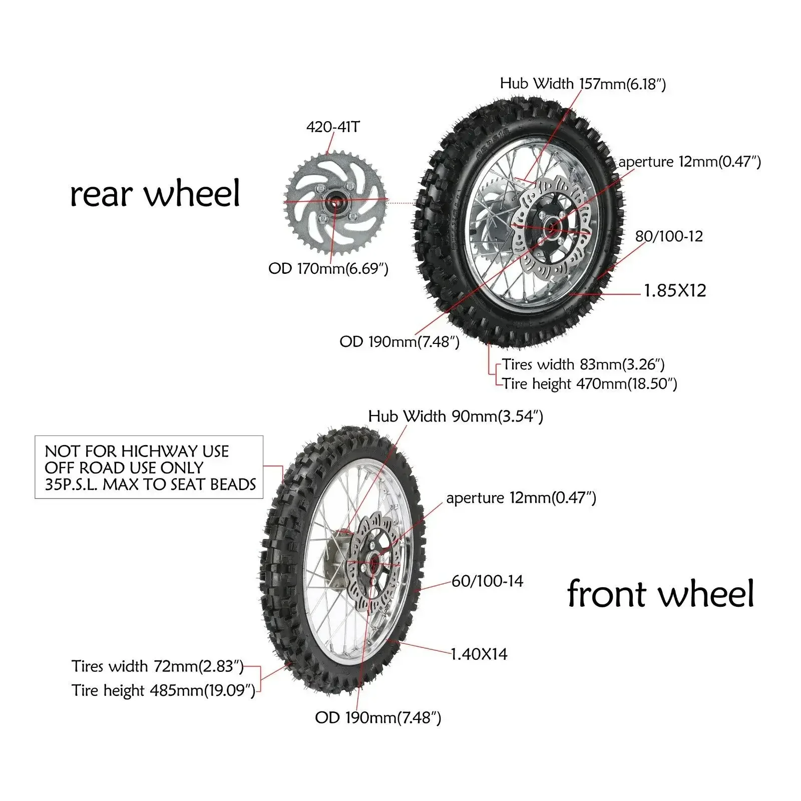 TDPRO motorcycle 2.50-14 60/100-14 80/100-12 3.00-12 Tire Wheel Rim SSR 125 CRF50 110cc Pit Bike