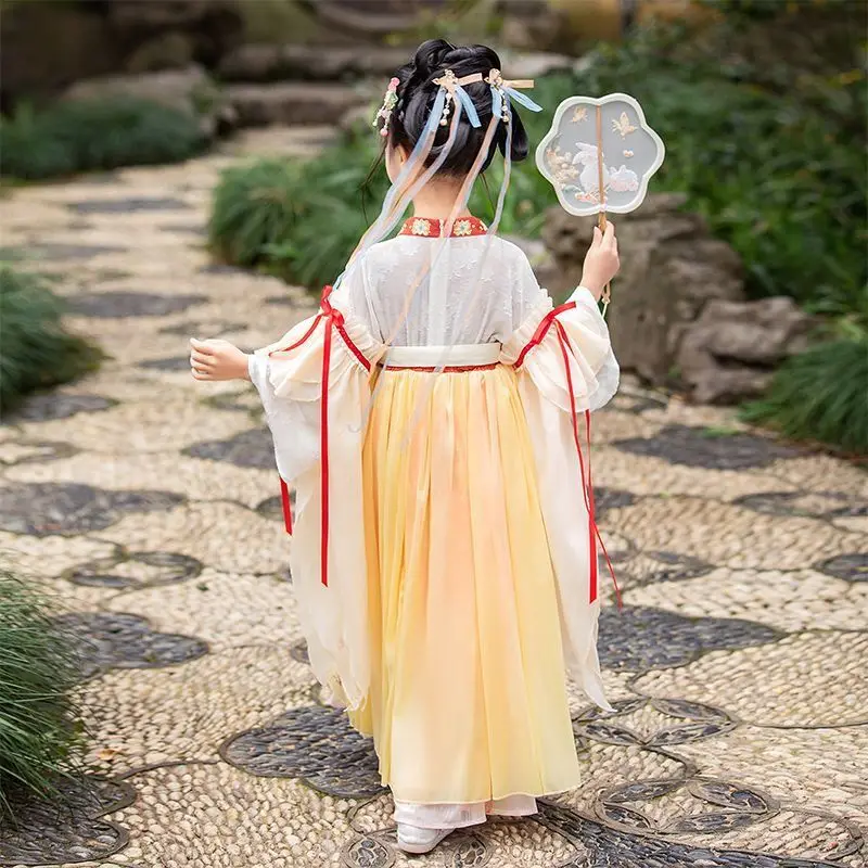 Roupas hanfu chinesas para meninas, carnaval infantil, encenação de fadas, ano novo, antigo, laranja