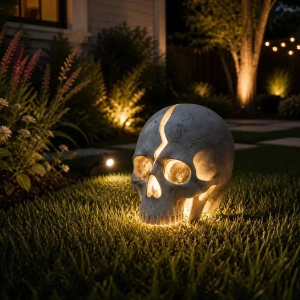 Waterproof Solar Garden Lamp Realistic Skull Shape Solid Resin Cracked Skull Light Sturdy Structure Warm Glow Garden Ornament