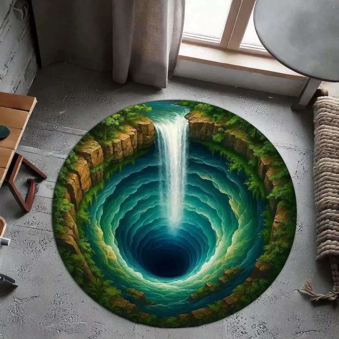 VIKAMA 3D Waterfall Abyss Hole Round Rug Jungle Forest Optical Illusion Flannel Non Slip Bedroom Floor Decor Mat Rug
