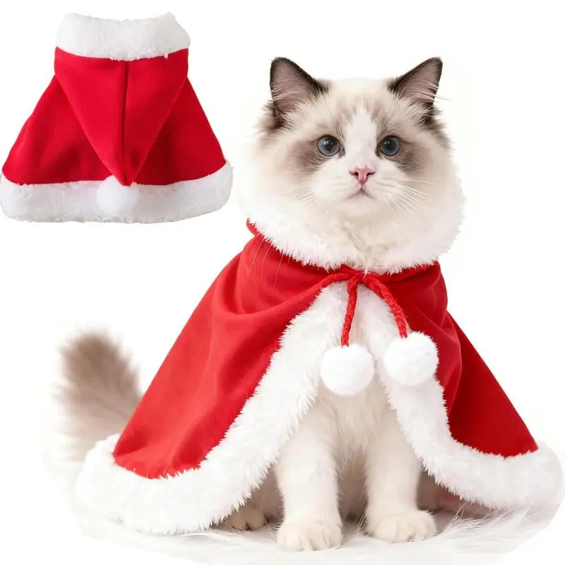 Christmas Pet Santa Costume Red Plush Hooded Cape with Pom Pom Hat Cute Outfit for Dogs Cats Perfect Xmas Gift