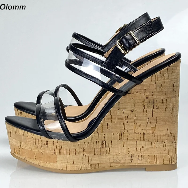 

Olomm/Новое поступление, женские летние сандалии на платформе, элегантная черная повседневная обувь на танкетке с пряжкой и открытым носком, женские размеры 35, 47, 52