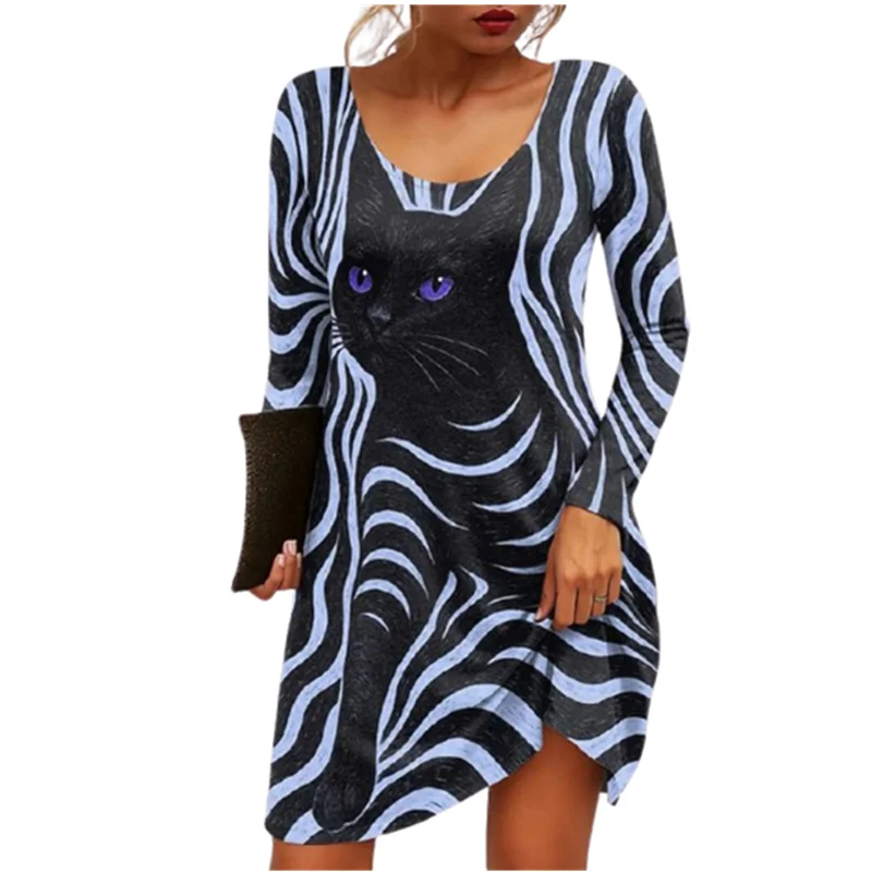 Dames mini-jurk grappige kat grafische lange mouw ronde hals T-shirt jurk casual A-lijn herfstjurken voor mode 2025, kleding