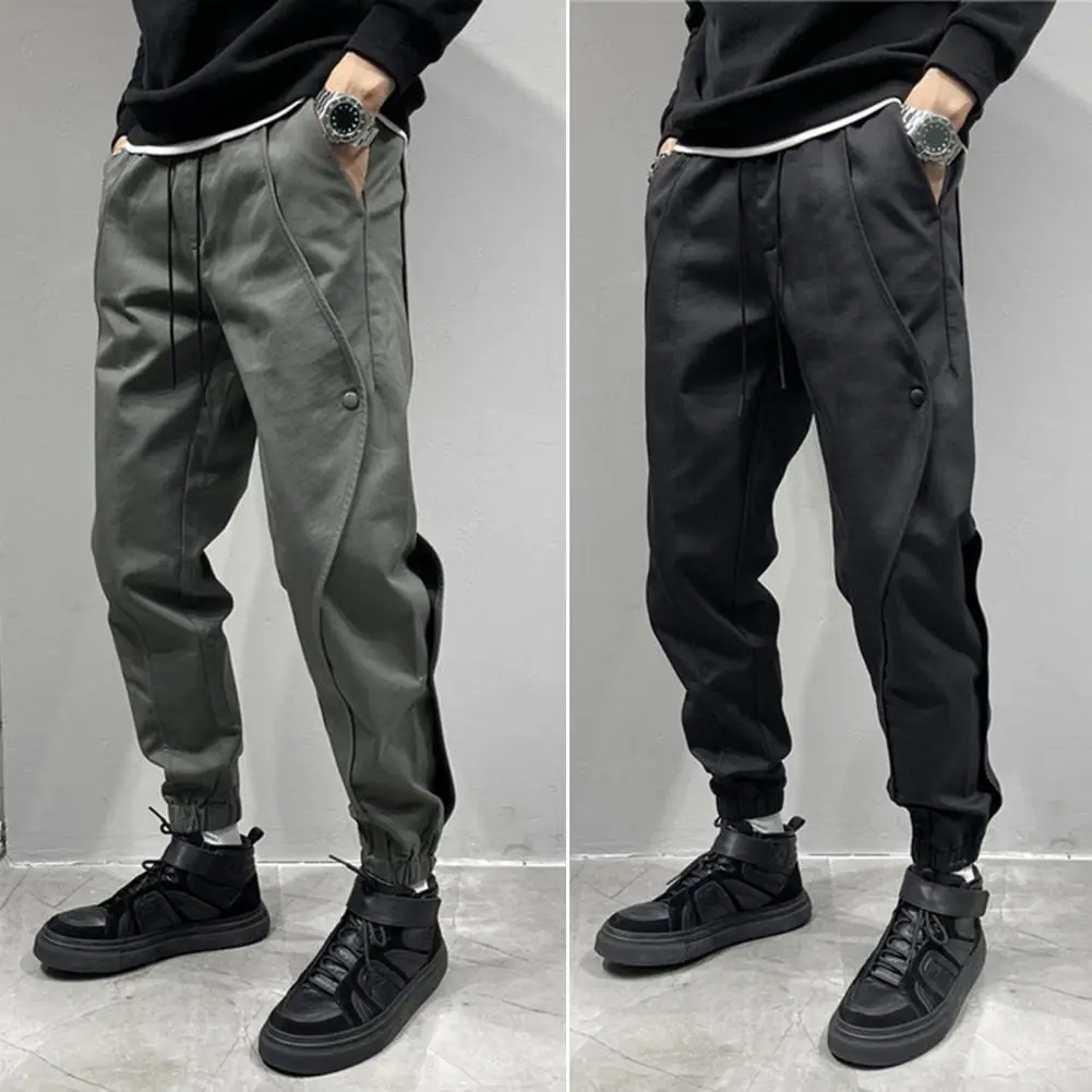 

Men Cargo Pants Pockets Drawstring Solid Color Ankle-banded Young Style Warm Hip Hop Elastic Waist Fall Pants Pantalones Hombre