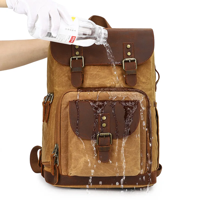 Photography Retro Waterproof Batik Canvas Leather Backpack fit 15.4inch Laptop Men Camera Bag Carry Case for Canon Nikon DSLR