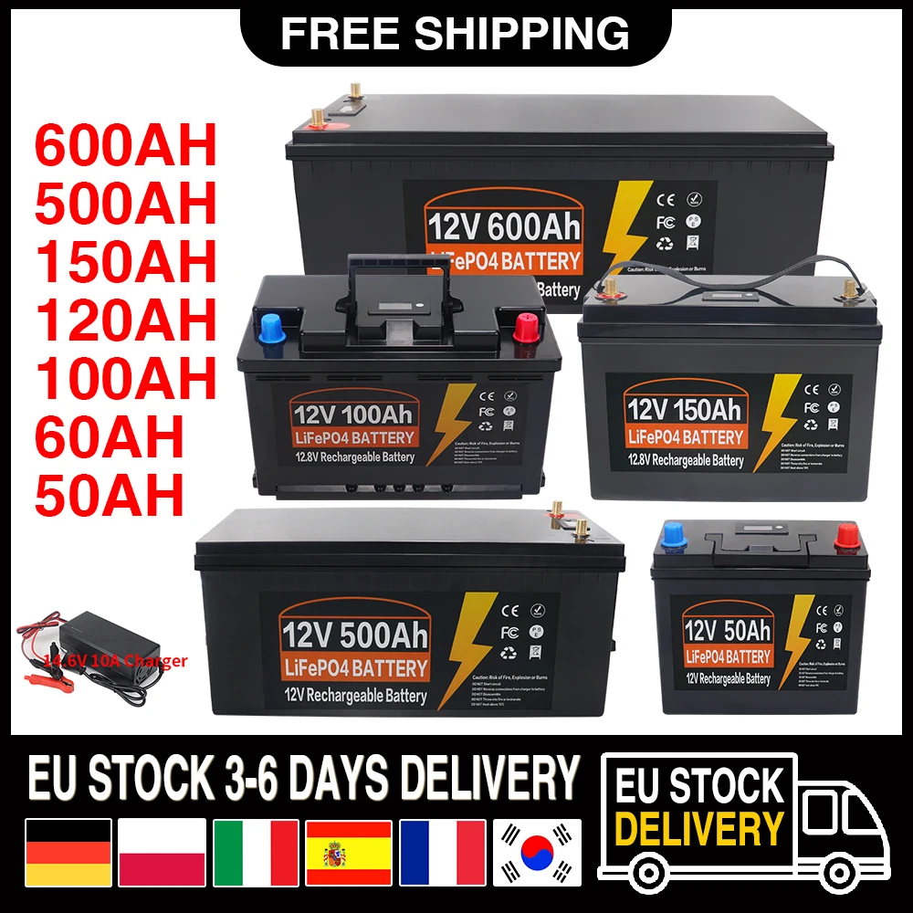 Batterie LiFePO4 12V, 100ah, 200ah, 300ah, 600ah, BMS intégré, cellule au Lithium fer Phosphate, 10000 Cycles pour camping-car, voiturette de Golf solaire