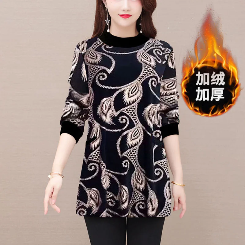 Women Winter Korean New Half High Collar Pullover Commuting Fashion Printing Pocket Splicing T-shirt Thickened Medium Long Tops