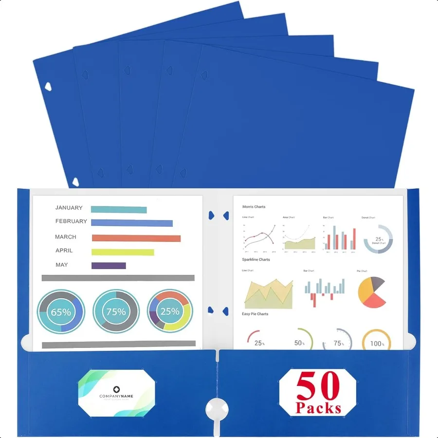 

50 Packs File Folder Letter Size2 Pocket File Folders 3 Hole Punched Blue Pocket Folders with Holes for School Office and Home