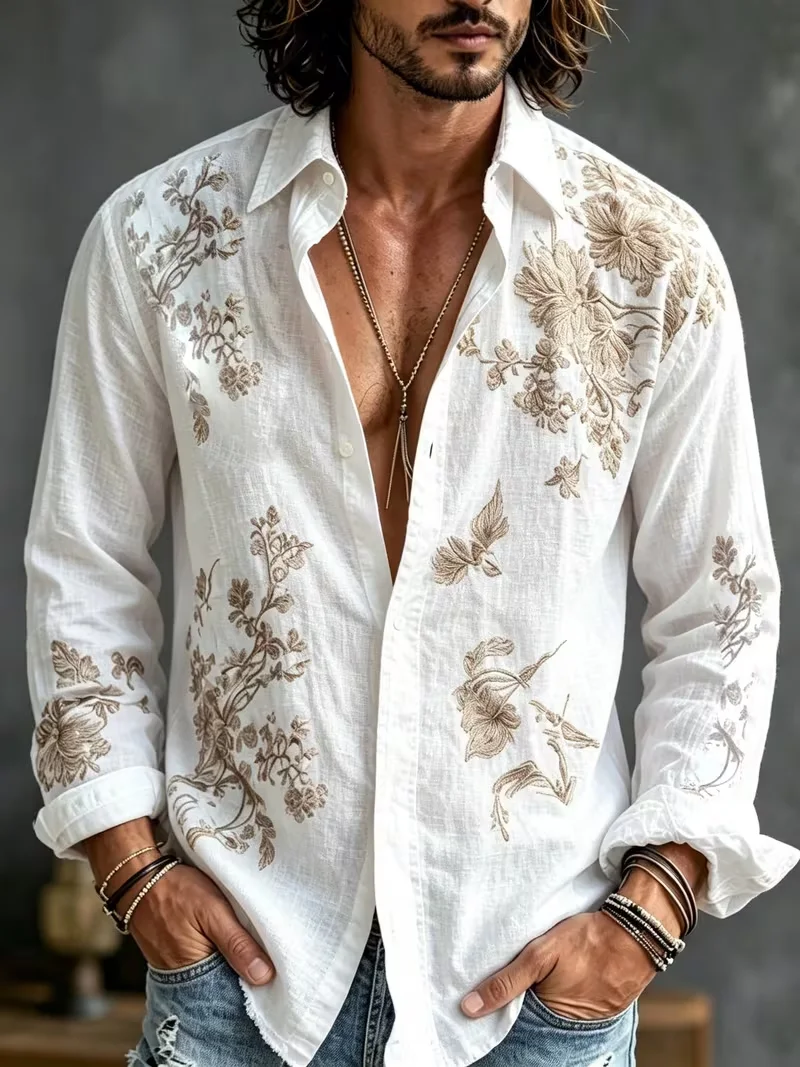 New men's retro ancient world map full of 3D printed patterns long sleeved shirt with hanging collar top clothing view 4