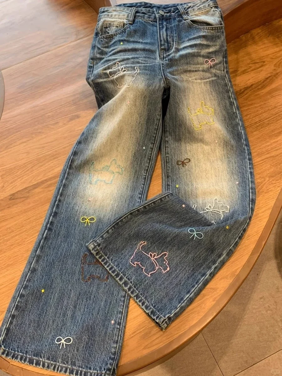 

High Waist Straight Leg Jeans Women's Autumn Winter 2025 New Design Embroidery Loose Slim Wide Leg Pants Retro Style