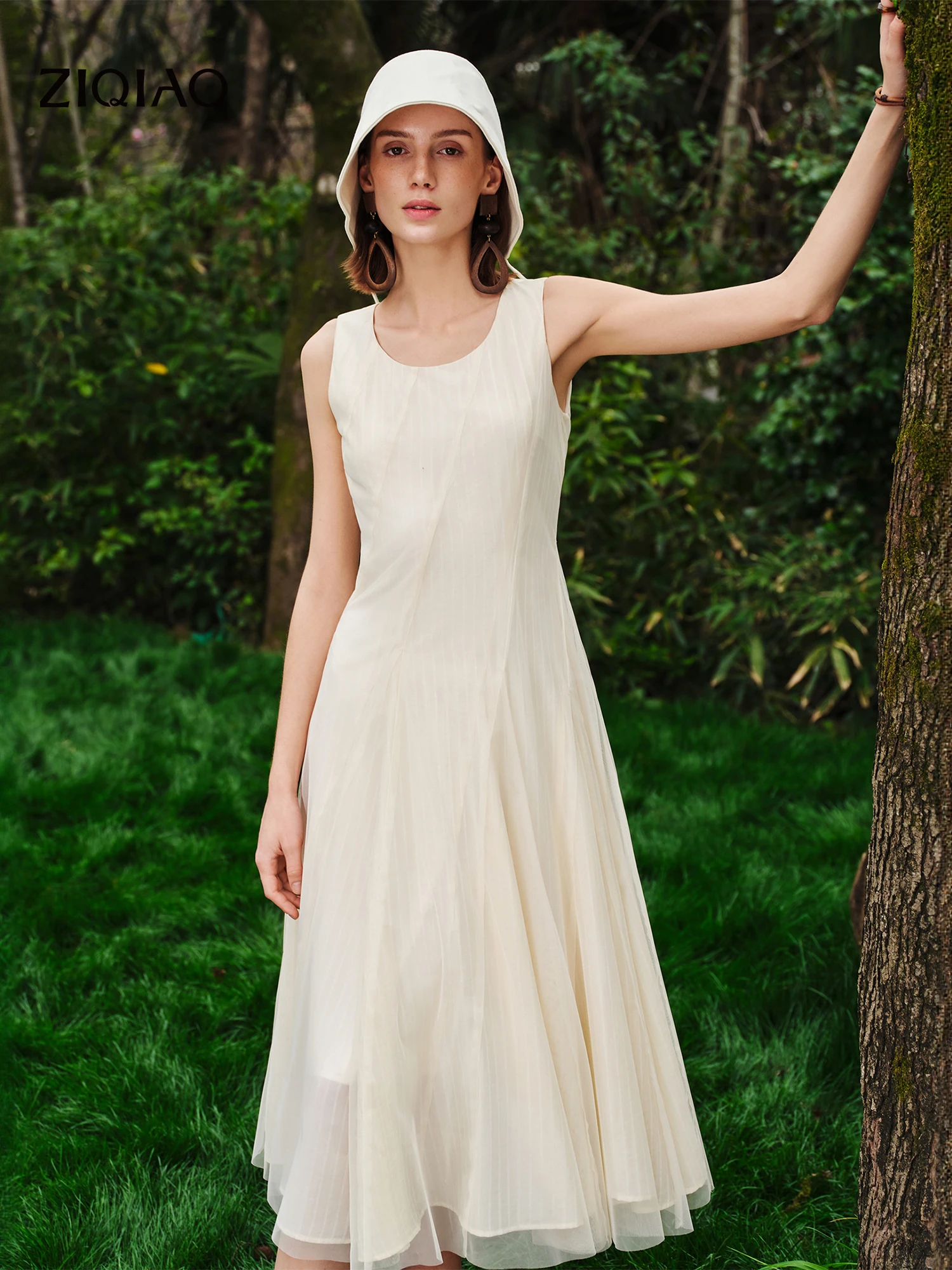 ZIQIAO 2026 Summer Women’s Draped Waist-Cinching Sleeveless Mesh Midi Dress, Sheer Panels Maxi Dress for Liquid Draping Style