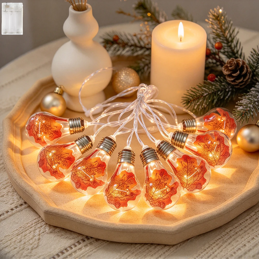 1pc 2M10LED Artificial Maple Leaf Bulb String Lights Warm White for Thanksgiving, Christmas Autumn Party Photo Background Decor