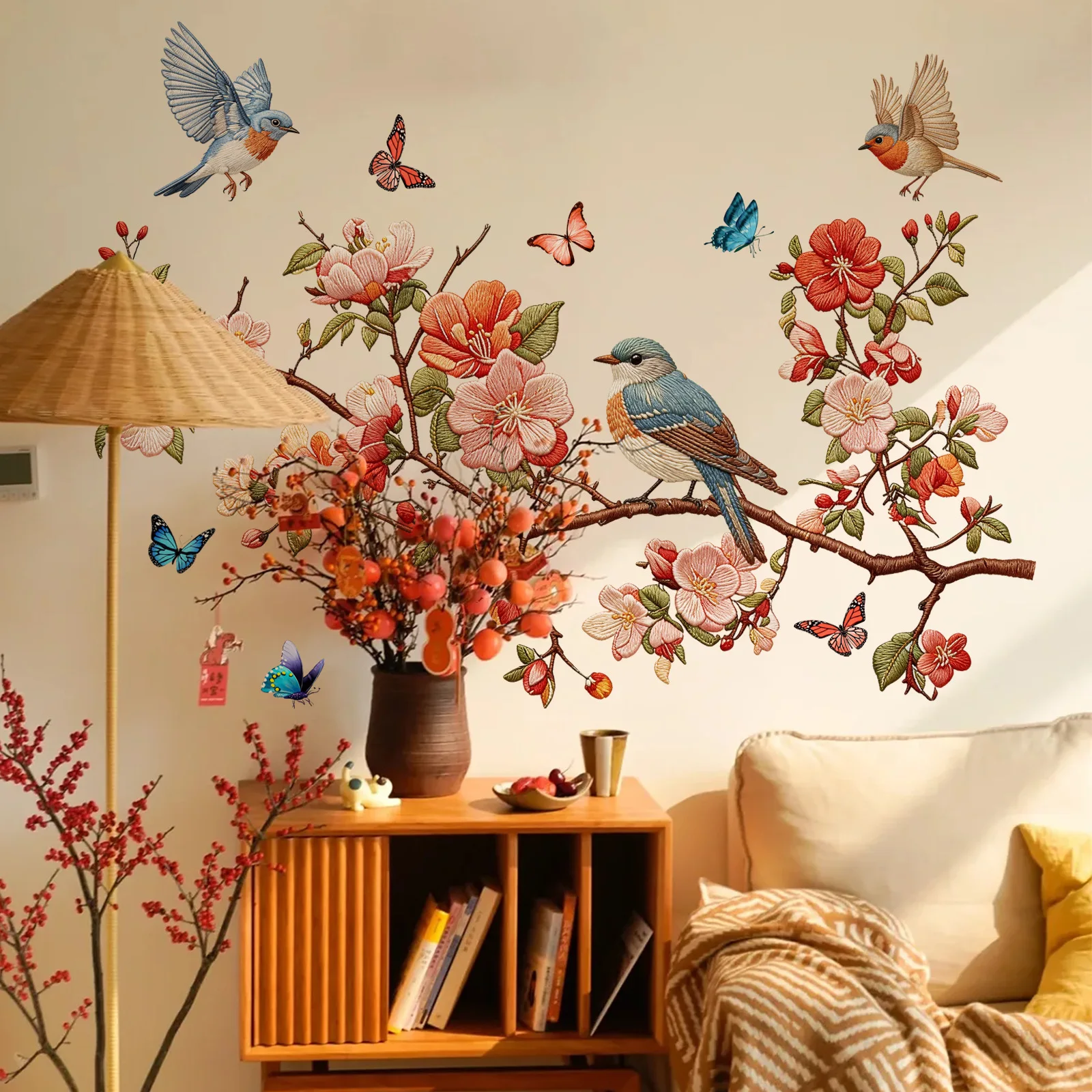 Flowers Birds Butterfly Wall Stickers Colorful Branch Pattern Self-Adhesive & Removable Instant Home Decor for Bedroom Entryway