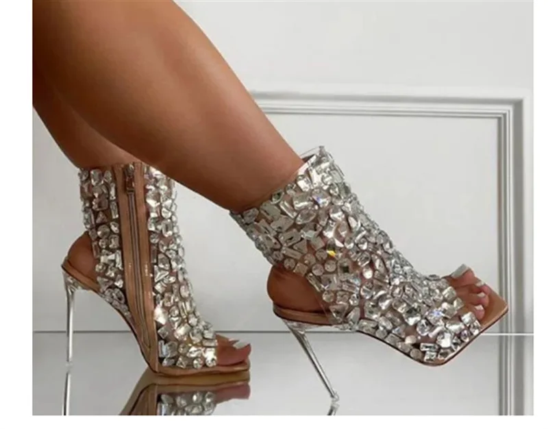

Summer Rhinestone PVC Square Open Toe Stiletto Sandals Boots Women Bling Bling Crystal Shining Ladies Luxury Party Shoes