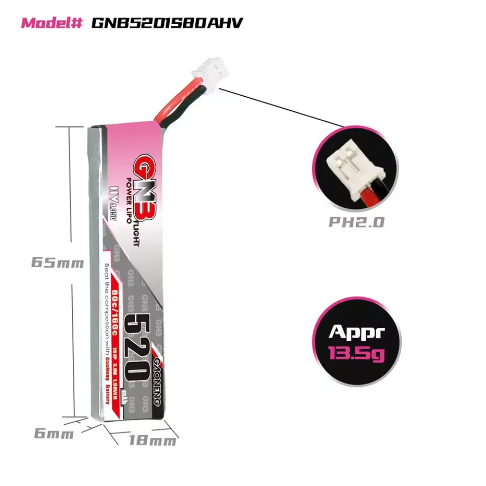 بطارية ليبو Gaoneng GNB 1S 520mAh 80C/160C 3.8V مع قابس PH2.0 لطائرة Tinyhawk Kingkong LDARC TINY7 RC بدون طيار