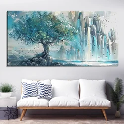 Artwork Painting Turquoise Mountains and Tree Canvas Paintings Home Decor Wall Art Poster Print for Bedroom Decor Picture