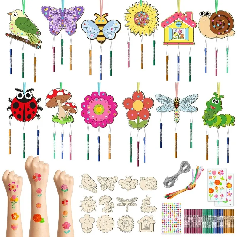 DIY Holz-Windspiel-Set für Heimdekoration, Kunst- und Bastelaktivität mit Frühlingsblumen- und Tierdesigns
