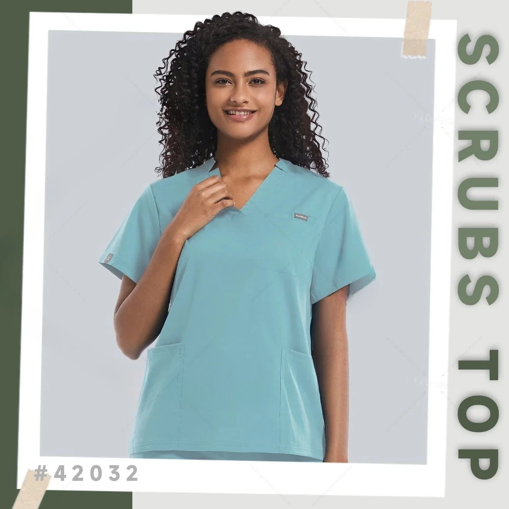 포켓 셔츠 여성 간호사 유니폼 스크럽 탑 여성용 반팔 브이넥 케어 워커 블라우스 간호사 작업복 의료 유니폼 탑