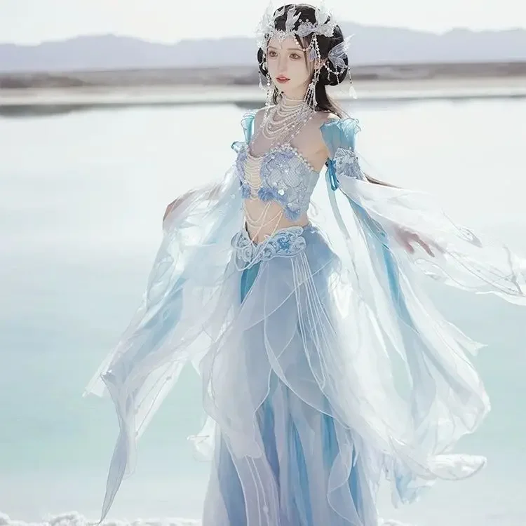 

2025 New Chinese elements fairy cosplay costume set original Hanfu dress exotic mermaid princess gradual print embroidery