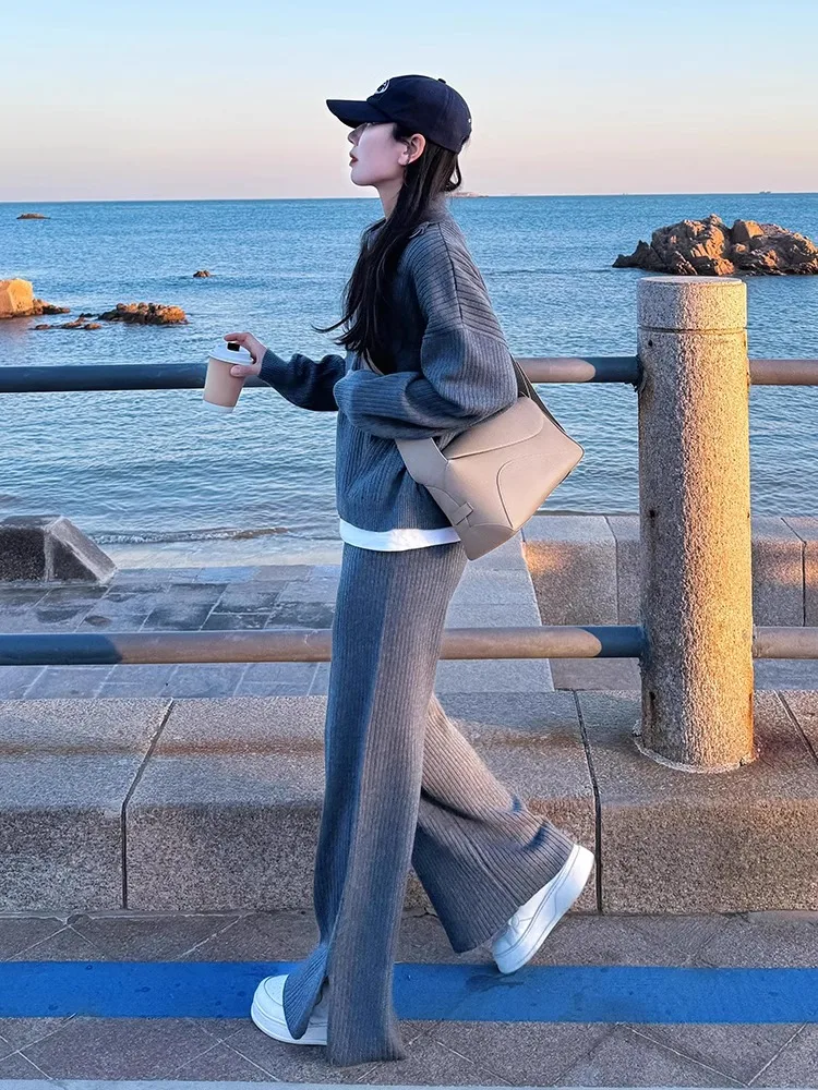 

Модный вязаный комплект в корейском стиле: женский повседневный шикарный костюм из двух предметов с широкими брюками и длинными рукавами на молнии