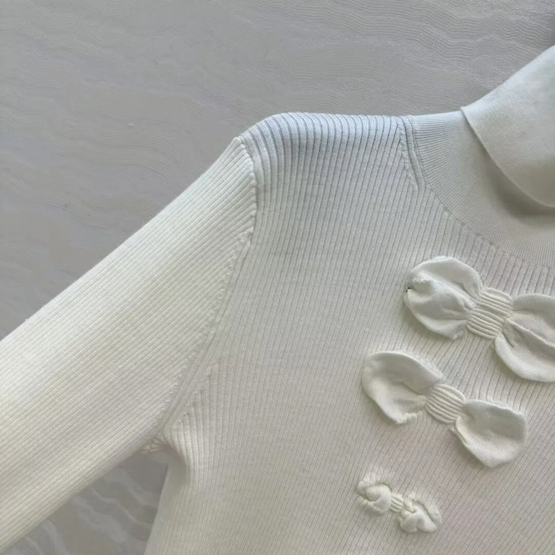 New Autumn Fashion Bow Decoration Slim Wool Knitted Pullover Women Turtleneck Long Sleeve Solid Color Preppy Style Sweet Sweater