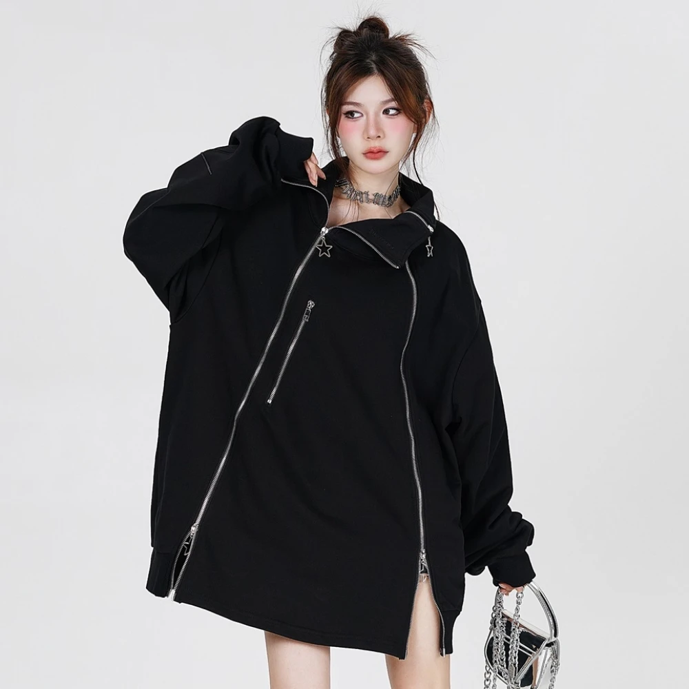 Fleece Turtleneck Loose Pullovers Sweatshirt for Women Men Oversize Winter Spring Off Shoulder Women's Coats with Double Zippers