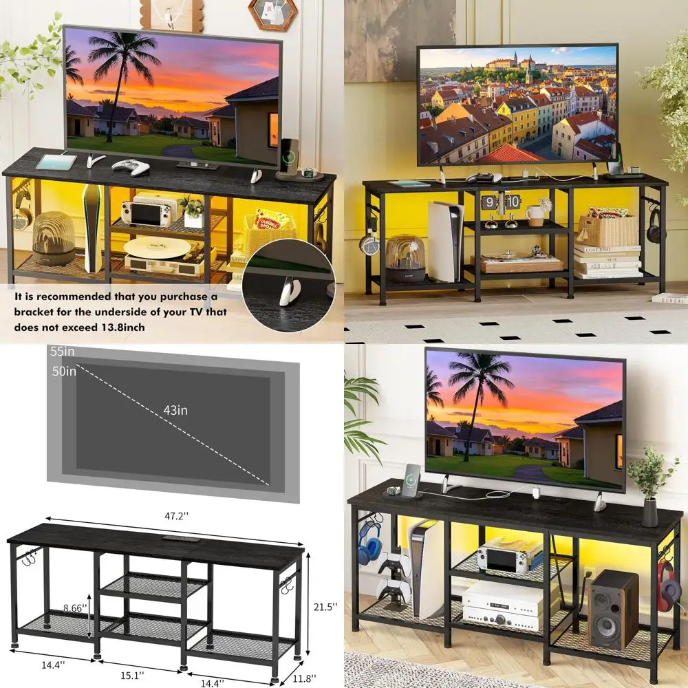 

Черная подставка для телевизора, развлекательный центр для 55-дюймовых телевизоров, зарядная станция и подсветка. Открытые полки для хранения вещей, ТВ-медиаконсоль, Op