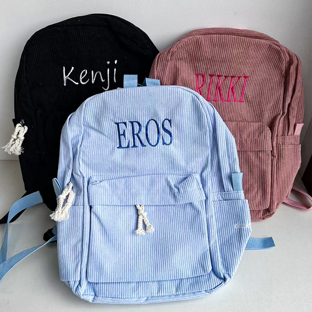 Mochila de pana bordada personalizada para niños, mochila de regreso a la escuela, mochila con nombre para niños, bolsa escolar para la universidad, niños pequeños