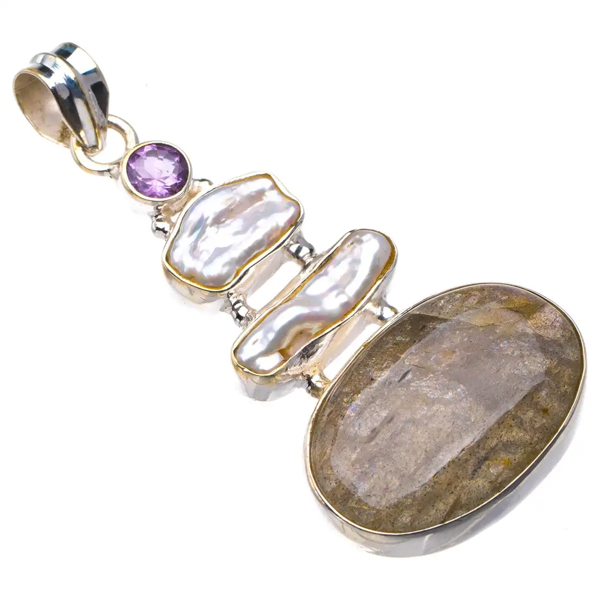 

Blue Fire Labradorite,Biwa Pearl And Amethyst Handmade 925 Sterling Silver Pendant 2" D2447