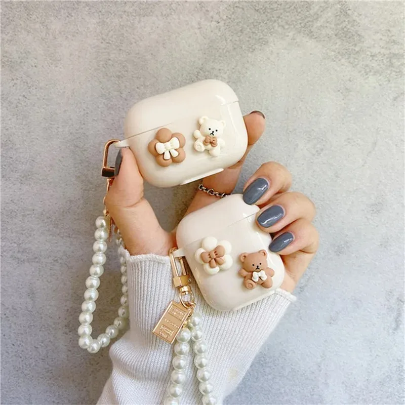 For AirPods 3 Case For AirPods Pro 3 2 1 Cover Cute bear Korean Pearl chain Earphone case airpods3 hearphone Protect Cover