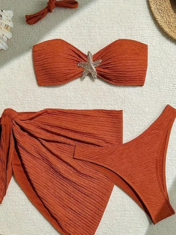 เซ็กซี่โลหะปลาดาวชุดบิกินี่ผู้หญิงสีน้ําตาล Bandeau Push Up กระโปรงตาข่าย 3 ชิ้นชุดว่ายน้ํา 2025 ชุดว่ายน้ําชายหาดวันหยุดชุดว่ายน้ํา