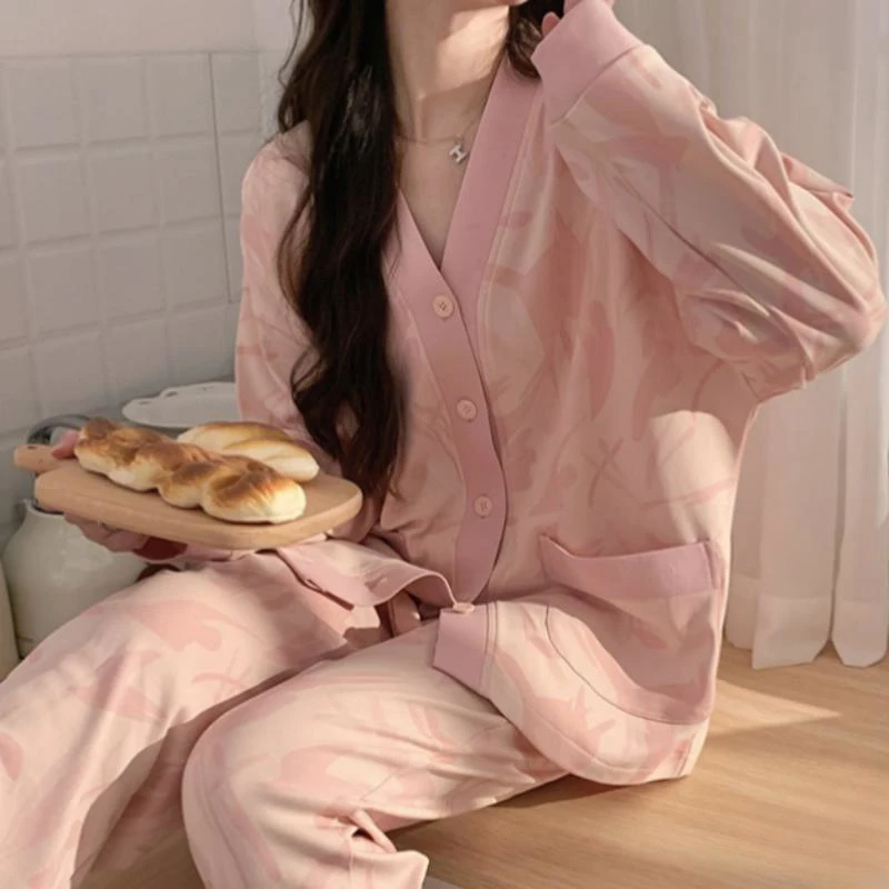 Spring Autumn Women's Thin Cotton Pajamas Long Sleeve Cardigan Pants Loose Casual Home Clothing Set Cute Sweet Sleepwear