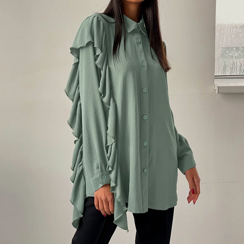 

Fall 2024 New Single-breasted Asymmetrical Shirt Women's Temperament Long-sleeved Ruffled Office Blouse Korean Fashion Tops