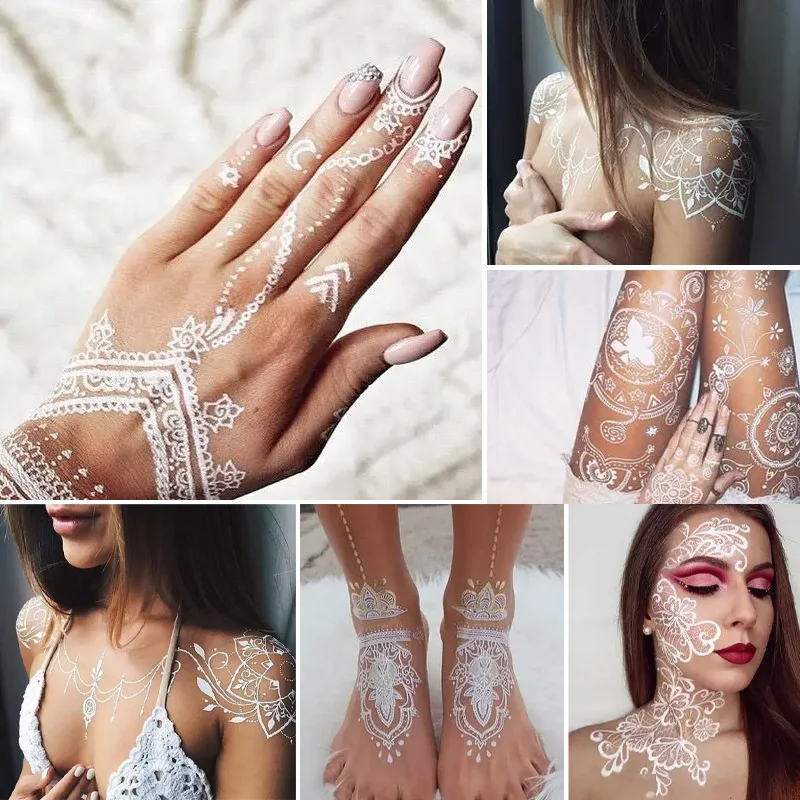 Body Art Tattoos Skin-safe Flower Tattoo White Henna Tattoo Water Transfer HennaTemporary Tattoo For Women's Body Art Fashion