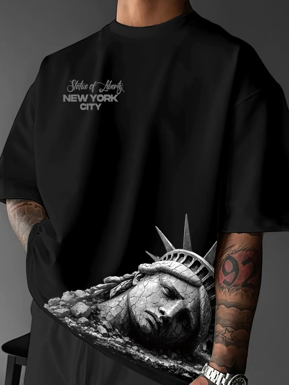 American men's summer fashion Statue of Liberty letter print comfortable and breathable round neck T-shirt outdoor street top