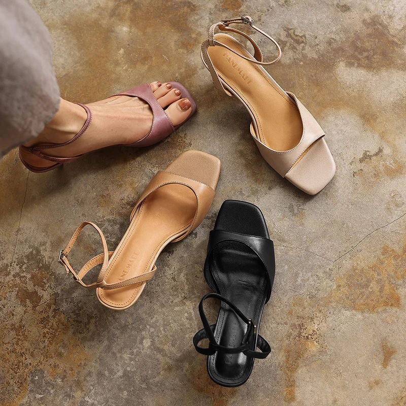 2026 Summer Women Sandals Genuine Cow Leather Ankle Strap Kitten Heels Belt Buckle Elegant 5.5cm High Heel Shoes Plus Size 34-42