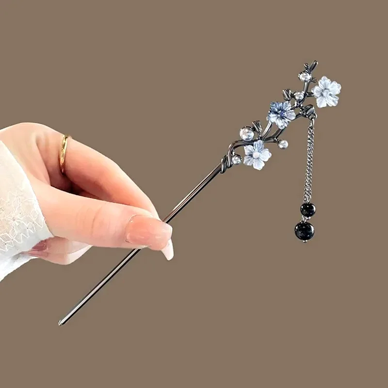 Classic Hair Stick Chopsticks Ink Color Flower Metal Fringe Hairpin For Women Pearl Black Beads Cheongsam Hair Bun Jewelry Gifts