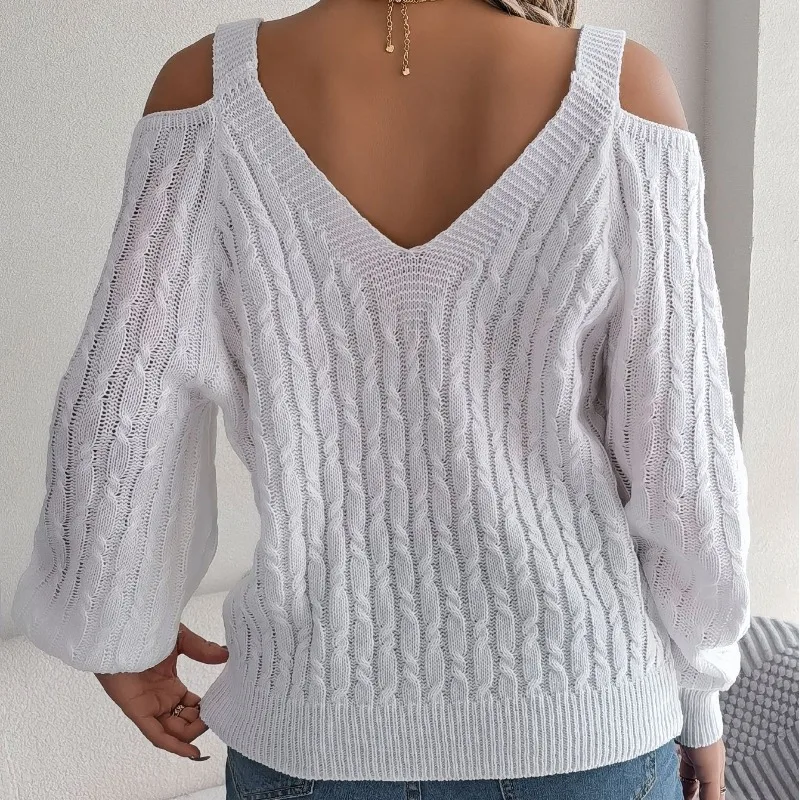 Autumn and Winter Women\'s Pullover V-neck Solid Screw Thread Off Shoulder Lantern Long Sleeve Sweater Knitted Bottom Casual Tops