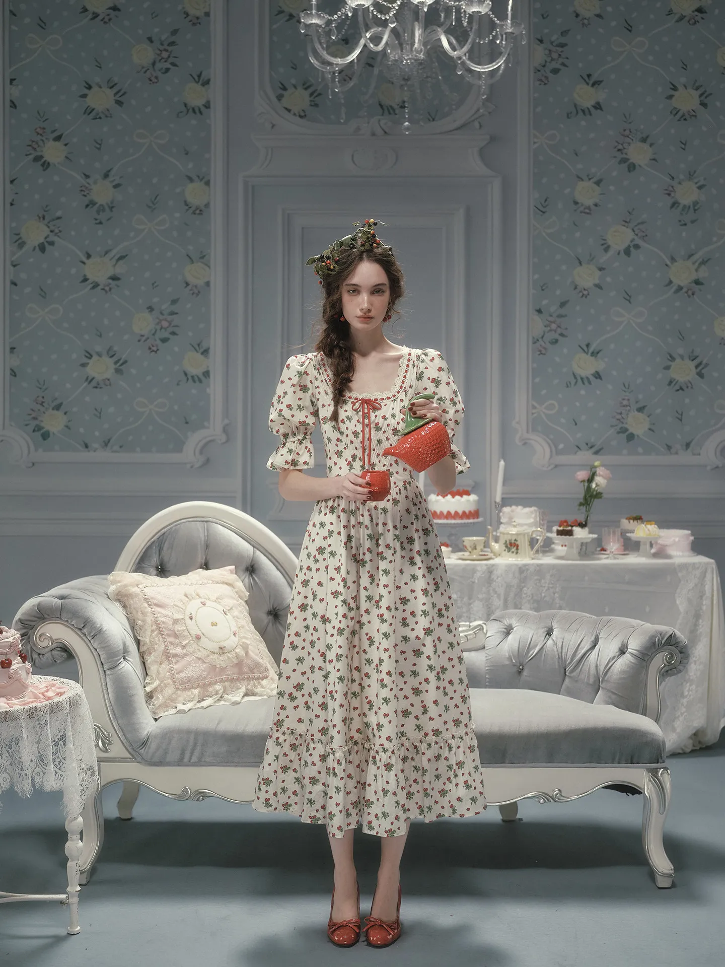 TIYIHAILEY vestido de verano para mujer, vestido largo de manga corta de algodón para mujer, XS-XL Vintage de cintura alta con estampado de fresa y cuello cuadrado