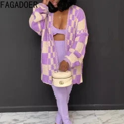 FAGADOER Sweet Casual Knitted Cardigan Purple Plaid Elegant Sweaters Oversized Lantern Sleeve Coat Knitwears Female Autumn Tops