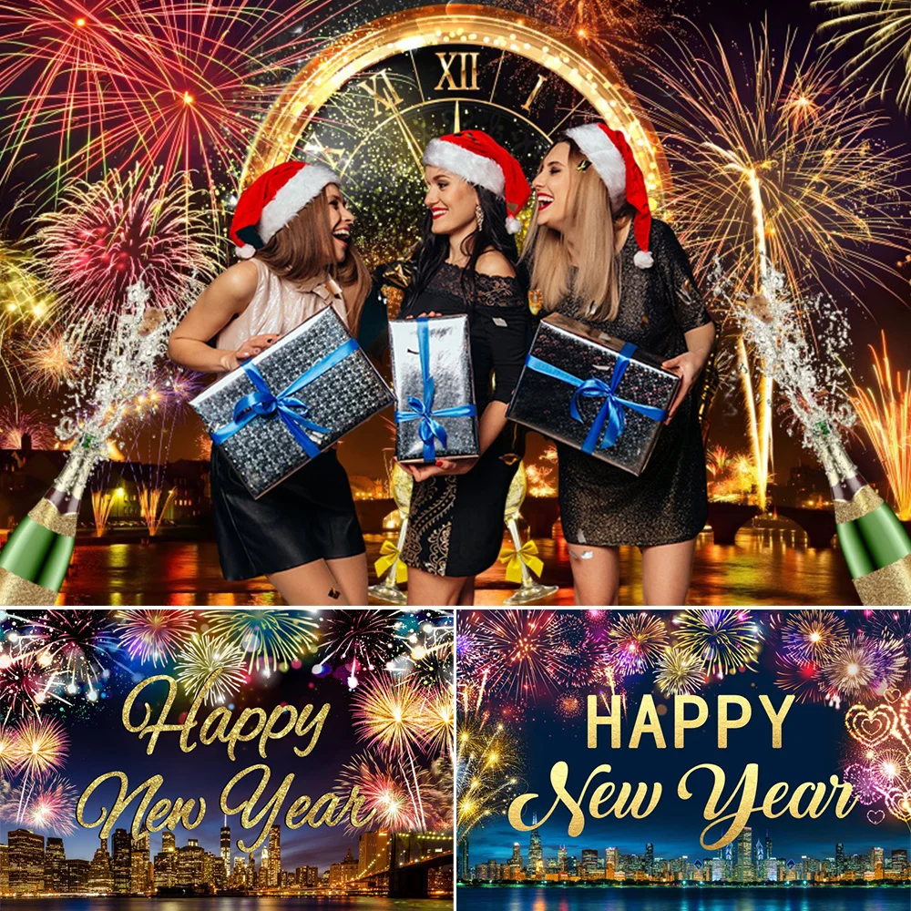 

City Night Happy New Year Backdrop 2025 New Years Eve Fireworks Clocks Champagne Christmas Family Party Photography Background