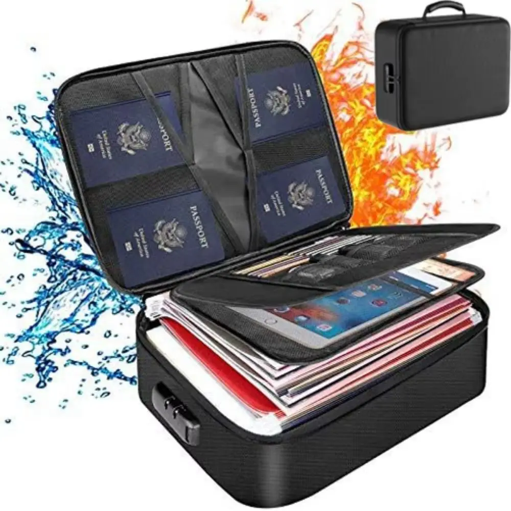 Double Zipper Fireproof Document Bag Large Capacity 3-Layer Design Money File Bags Waterproof Code Lock Resistant Storage Bag