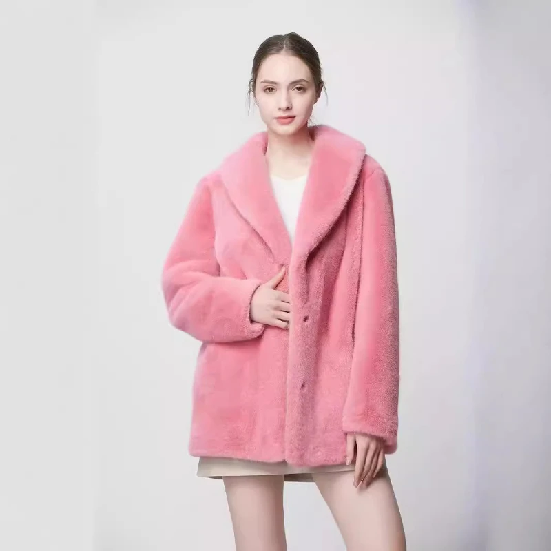 Pink Lapel Faux Fur Short Jacket Solid Offce Lady Faux Mink Plush Coats Stylish Outerwears Women’s Furry Jacket Thick Warm Loose
