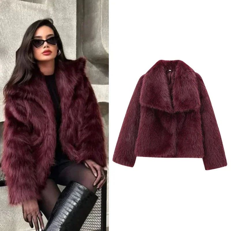 HXAO Women\'s Fur Coat Women 2024 Plush Burgundy Bomber Jacket Solid Crop Long Sleeve Jacket Warm Winter Coats Woman Casual Coats