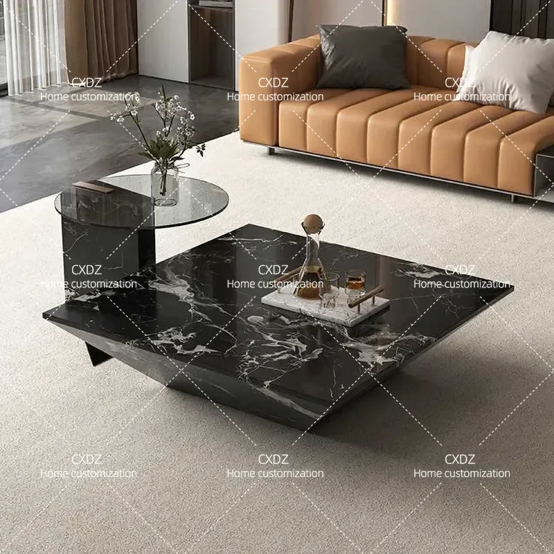 Luxury Marble Square Coffee Table Large Household Minimalist Black Coffee Table Combination Tempered Glass Edge Table