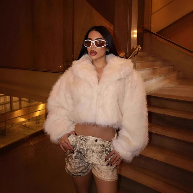 

Women Warm Faux Fox Fur Coat Solid Long Sleeve Lapel Short Coats Lady Jacket Elegant Streetwear Furry Cardigan Autumn Winter
