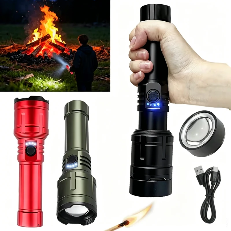 Flashlight with Lighter & Power Bank,Rechargeable Zoomable 5 Mode Super Bright,Waterproof for Outdoor Camping Emergency Survival