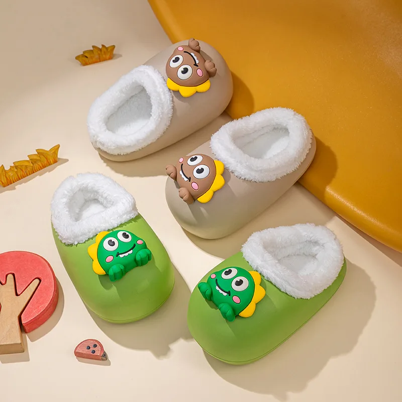 Thickened Fleece Children Cotton Slippers Home Anti-slip PVC Waterproof Winter Warm Cartoon Design Baby Boys Girls Slippers